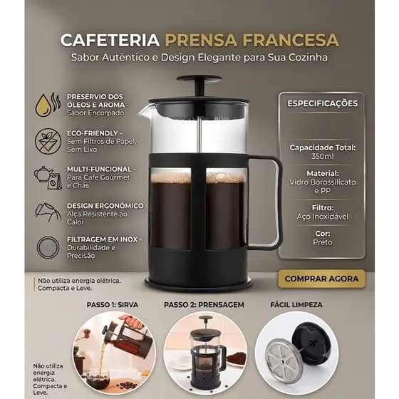 Cafeteira Prensa Francesa 350ml French Press Café e Chá Filtro Inox Vidro Borossilicato Manual