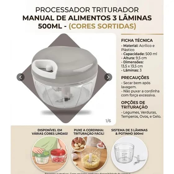 Processador Manual de Alimentos 500ml Triturador 3 Lâminas com Cordinha para Legumes Cores Sortidas
