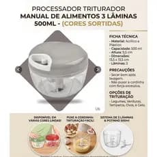 Processador Manual de Alimentos 500ml Triturador 3 Lâminas com Cordinha para Legumes Cores Sortidas