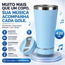 Copo Térmico Bluetooth 420ml com Caixa de Som LED Tampa e Abridor em Aço Inox Personalizado Azul