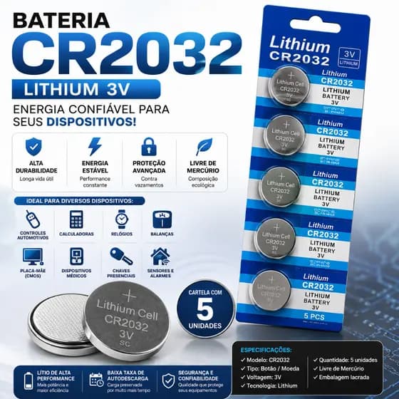 Cartela 5 Baterias CR2032 3V Lithium Pilha Botão Moeda para Controle Balança Relógio