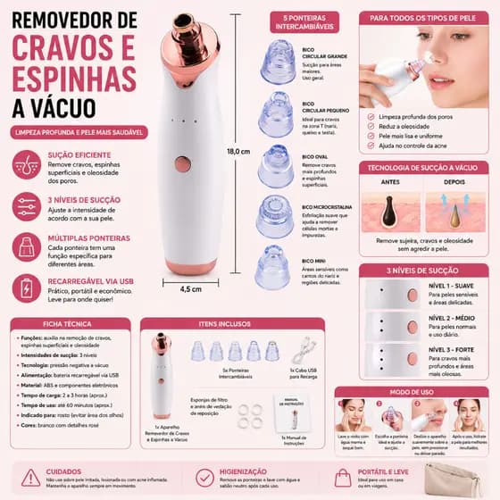 Removedor de Cravos a Vácuo Recarregável USB Limpador de Poros Facial 5 Ponteiras