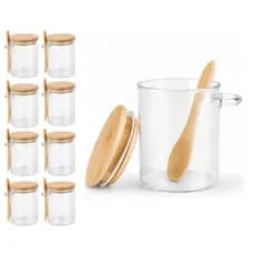 Kit 8 Pote Vidro Hermético Potinho Com Tampa E Colher Bambu 210ml
