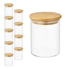 Kit 9 Potes Vidro Hermético Potinho Com Tampa de Bambu 210ml