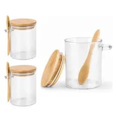 Kit 2 Pote Vidro Hermético Potinho Com Tampa E Colher Bambu 210ml