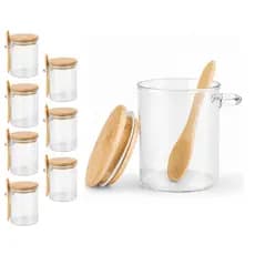 Kit 7 Pote Vidro Hermético Potinho Com Tampa E Colher Bambu 210ml