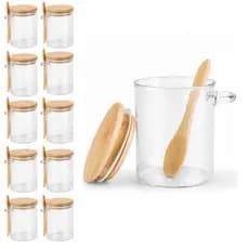 Kit 10 Pote Vidro Hermético Potinho Com Tampa E Colher Bambu 210ml