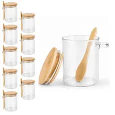 Kit 9 Pote Vidro Hermético Potinho Com Tampa E Colher Bambu 210ml