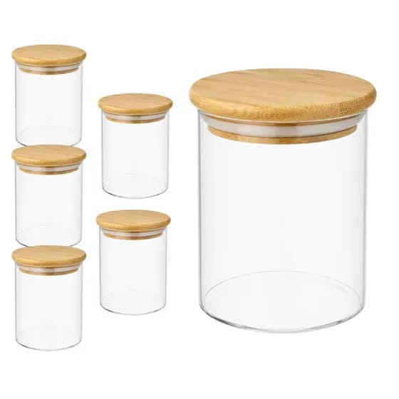 Kit 5 Potes Vidro Hermético Potinho Com Tampa de Bambu 210ml