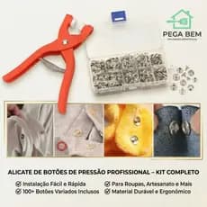 Kit Alicate Aplicador Botão de Pressão 180 Peças Prensa Manual Sem Costura