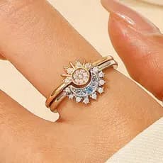 Conjunto De Anéis De Empilhamento De Sol E Lua Para Mulheres , Design Aberto Ajustável Com Detalhes De Cristal