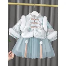Meninas Hanfu velo terno estilo ocidental bebê roupas de ano novo crianças inverno Tang terno um ano de idade roupas de
