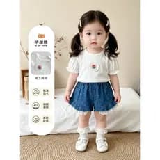Meninas ternos de verão novo estilo roupas de bebê de manga curta topos meninas bebê bolinhas Denim Shorts de duas peças