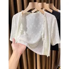 Bolero Feminino Estilo Coreano em Tricô Fino com Rendas e Babados, Manga Curta Fina, Proteção Solar, Cardigã Curto para