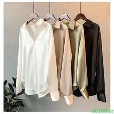Camisa Feminina de Cetim de Manga Longa 2022/Soltinha/Retro/Simples/Casual/Cor Lisa/Combina com Tudo 3841