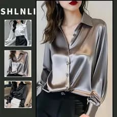 Camisa de Cetim Elegante Estilo Coreano para Mulheres, Primavera-Outono, Ajuste Slim, Blusa Casual de Manga Longa 2026