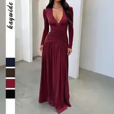 Diyun Cross-Border elegante profundo V manga comprida saia longa vestido roupas femininas 2026 outono inverno estação in