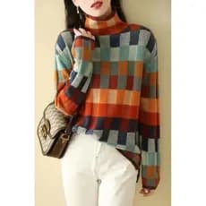 Lindo colorido xadrez lã malhas outono inverno novo estilo gola alta preguiçoso mais magro olhar exterior Wear xadrez