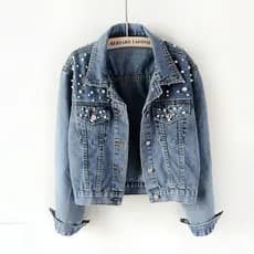 Jaqueta jeans feminina estação europeia gordura MM Plus Size feminino frisado diamante casaco feminino estudante luz azu