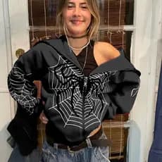 2026 Cross-Border teia de aranha zíper moletom feminino Casual na moda Hoodie primavera outono velo jaqueta americana