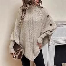 Outono inverno novo estilo torcido camisola feminina Cross-Border moda gola alta botão decoração de manga comprida camis