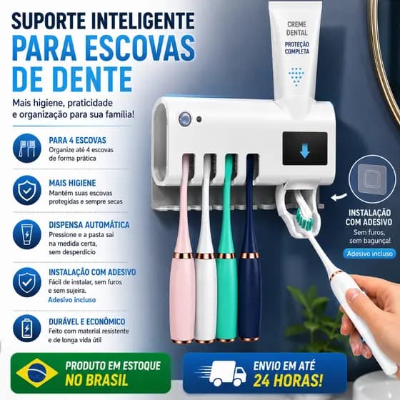 Suporte Inteligente para Escovas de Dente com Dispenser Automático de Pasta Mantém as Escovas Secas