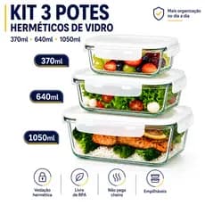 Kit 3 Potes Herméticos Vidro Com Tampa Marmita Vidro 370ml 640ml 1050ml Vasilha Fitness