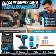 Furadeira Parafusadeira de Impacto 48V Sem Fio 2 Baterias Kit 24 Peças Maleta Plástica Doméstico