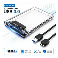 Case HD Externo USB 3.0 para HD/SSD Gaveta Externa Transparente com Cabo USB Alta Velocidade Compatível Notebook e PC
