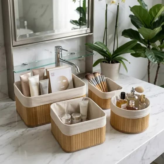 Conjunto Organizador Cestos Multiuso Bambu Ambiente Casa Cozinha Banheiro