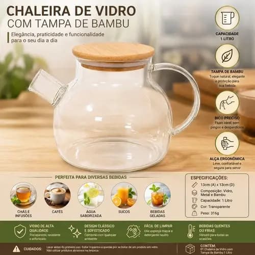 Chaleira Vidro Transparente Tampa Bambu Capacidade 1 Litro Design Moderno Funcionalidade Praticidade