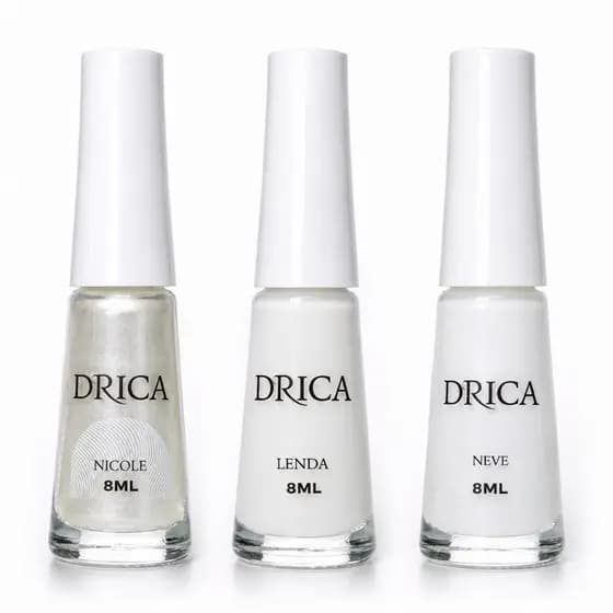 Kit 3 Esmaltes Drica Francesinha Branco Transparente Pérola