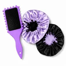 Kit Touca de Cetim Dupla Face + Escova Raquete para Fitagem Antifrizz Cabelo Cacheado, Crespo e Ondulado