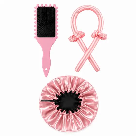 Kit 3 Peças Touca de Cetim Dupla Face com Faixa + Escova Raquete para Fitagem + Modelador de Cachos Sem Calor Antifrizz