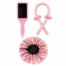 Kit 3 Peças Touca de Cetim Dupla Face com Faixa + Escova Raquete para Fitagem + Modelador de Cachos Sem Calor Antifrizz