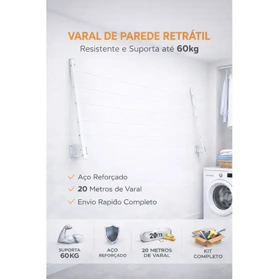 Varal de Roupa de Parede Retrátil de alumínio para Sacada Até 60kg - BRANCO