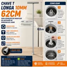 Chave T Longa 10mm 62cm para Remoção do Parafuso do Agitador de Máquina de Lavar