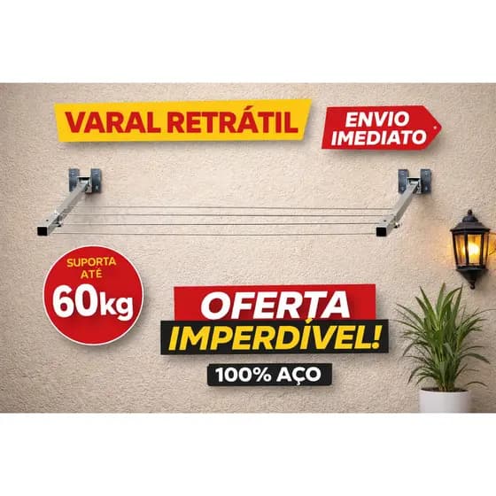 Varal Retrátil Parede 100% Alumínio Suporte Resistente até 60kg - Envio Imediato