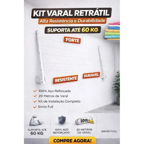 Varal de Roupa de Parede Retrátil de alumínio para Sacada Até 60kg - BRANCO