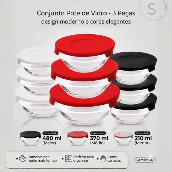 Conjunto de Potes de Vidro Com Tampa - Redondo - Kit com 3 Peças - 210/370/480 ml - Perfeito para Organizar e Armazenar