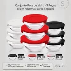 Conjunto de Potes de Vidro Com Tampa - Redondo - Kit com 3 Peças - 210/370/480 ml - Perfeito para Organizar e Armazenar