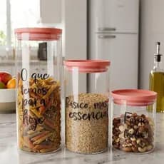 Kit com 3 Potes de Vidro com Tampa Hermética - 10x10 10x19 10x25 cm Vedação Hermética Auxilia Conservação Alimentos