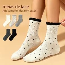Kit 4/5 Meias Brancas Femininas Cano Médio Algodão Antiodor K-pop Estampa Fofa Universitária Esportiva
