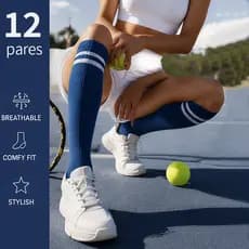12 Pares Meia Cano Longo Feminina Algodão Esportiva – Para Academia, Ciclismo, Fitness, Listrada