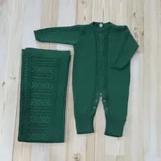 Kit 2 Manta e Macacão de Tricot Trança Central Bebê Saida Maternidade