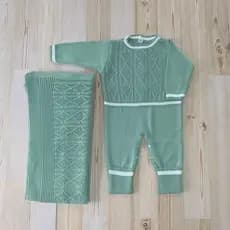 Kit 2 Bebe Macacão e Manta Ponto Perola Tricot Saida Maternidade