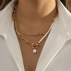 Jóias moda longo redondo grânulo corrente empilhamento colar estilo Retro único pérola ot fivela colar