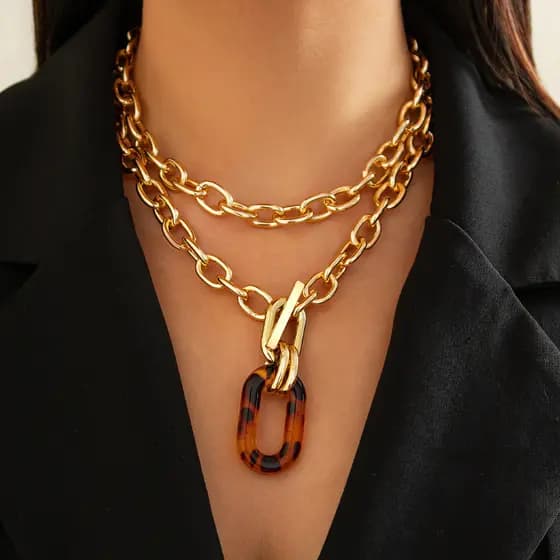 Acessórios moda geométrica leopardo impressão OT fivela colar doce legal personalidade Metal corrente colar conjunto fem