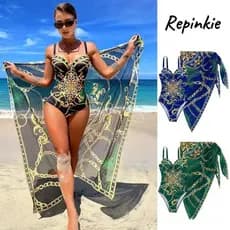 Conjunto De Maiô De Uma Peça Com Alça Fina De Verão Feminino Push Up Corrente Estampa Saia De Praia CO1D