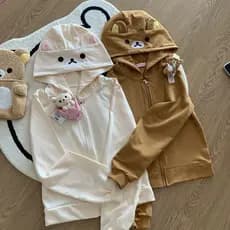 Orelha De Urso Manga Comprida Com Zíper Moletom Feminino Japonês Doce Casual Top 2OZO